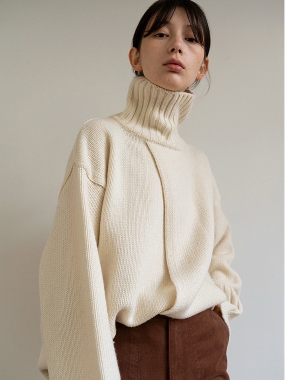Moia Cream Ribbed Funnel Neck Sweater